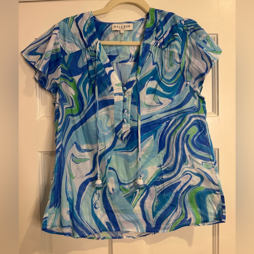 Hale Bob Swirl Patterned Blouse in Blue and Green